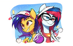 Size: 1440x900 | Tagged: safe, artist:fanzeem, imported from derpibooru, oc, oc only, oc:mixi creamstar, pegasus, pony, bust, christmas, christmas lights, clothes, duo, glasses, hat, heterochromia, holiday, pegasus oc, scarf, simple background, smiling, snow, star mark, white background, winter