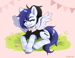 Size: 3092x2404 | Tagged: safe, artist:sugarstar, imported from derpibooru, oc, pegasus, pony, clothes, cute, eyes closed, grass, lying down, smiling, solo, spread wings, wings