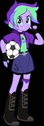 Size: 209x600 | Tagged: artist needed, safe, imported from derpibooru, oc, oc only, oc:blitz athlete, human, equestria girls, bandana, belt, black background, boots, clothes, collar, fingerless gloves, football, gloves, jacket, shirt, shoes, simple background, skirt, solo, sports, vest