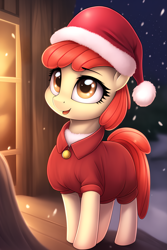 Size: 1843x2764 | Tagged: safe, imported from derpibooru, apple bloom, earth pony, pony, adorabloom, ai content, ai generated, christmas, cute, female, filly, foal, generator:novelai, generator:stable diffusion, hat, holiday, night, santa hat, snow, snowfall, solo