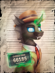 Size: 2250x3000 | Tagged: safe, artist:helmie-art, imported from derpibooru, oc, oc only, oc:closed case, changeling, clothes, hat, male, mugshot, solo
