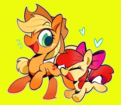 Size: 1815x1575 | Tagged: safe, artist:ache13337003, imported from derpibooru, apple bloom, applejack, earth pony, pony, apple sisters, female, filly, foal, heart, mare, siblings, simple background, sisters