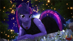 Size: 7680x4320 | Tagged: safe, artist:loveslove, imported from derpibooru, twilight sparkle, anthro, unicorn, 3d, absurd file size, absurd resolution, black dress, clothes, dress, female, flower, horn, jewelry, looking at you, necklace, night, outdoors, smiling, smiling at you, solo, tail
