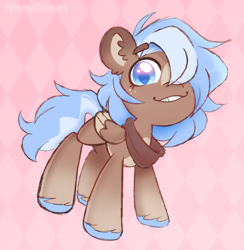 Size: 2073x2123 | Tagged: safe, artist:ninnydraws, imported from derpibooru, oc, oc only, oc:jonna, pegasus, pony, abstract background, clothes, colt, foal, freckles, looking at you, male, scarf, solo, unshorn fetlocks