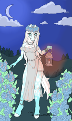 Size: 533x887 | Tagged: safe, artist:luna_mcboss, imported from derpibooru, oc, oc only, oc:althea, anthro, earth pony, unguligrade anthro, anklet, arabian, belt, blue coat, blue eyes, bracelet, candle, candlelight, clothes, cloud, coat markings, complex background, dappled, dress, earth pony oc, female, flower, flower in hair, furry, furry oc, garter belt, glowing, jewelry, lantern, lighting, long hair, moon, necklace, night, outdoors, solo, white mane