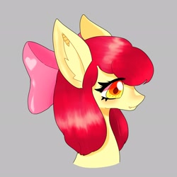 Size: 2048x2048 | Tagged: safe, artist:bunnynote08, imported from derpibooru, apple bloom, bat pony, pony, bust, fangs, female, filly, foal, gray background, looking sideways, portrait, race swap, simple background, solo