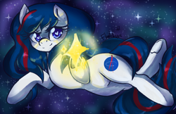 Size: 3000x1942 | Tagged: safe, artist:floralshitpost, imported from derpibooru, oc, oc only, oc:nasapone, earth pony, floating, flowing mane, galaxy, glowing, heart, heart eyes, smiling, space, stars, underhoof, wingding eyes