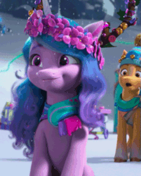 Size: 435x540 | Tagged: safe, imported from derpibooru, screencap, hitch trailblazer, izzy moonbow, dragon, earth pony, pony, unicorn, spoiler:g5, spoiler:winter wishday, animated, antlers, blinking, clothes, cropped, cute, female, floral head wreath, flower, g5, male, mare, my little pony: make your mark, my little pony: make your mark chapter 3, nodding, offscreen character, scarf, sitting, smiling, snow, snowfall, sparky sparkeroni, stallion, winter wishday