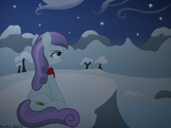 Size: 4032x3016 | Tagged: safe, artist:rainbowšpekgs, imported from derpibooru, sapphire joy, crystal pony, pony, a tale of one shadow, clothes, cold, mountain, sad, scarf, scenery, solo, the crystal empire 10th anniversary, tree, winter