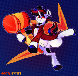 Size: 1986x1932 | Tagged: safe, artist:ghastlyexists, imported from derpibooru, oc, oc only, oc:goofy gags, pony, unicorn, bowtie, clothes, colorful, floating, freckles, hammer, holding, looking at you, male, necktie, raised hoof, red eyes, shirt, short mane, short tail, simple background, smiling, smiling at you, solo, stallion, suit, tail, teeth, tuxedo, unshorn fetlocks