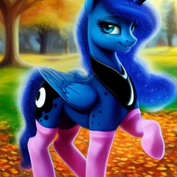 Size: 1024x1024 | Tagged: safe, editor:dovakkins, imported from derpibooru, princess luna, alicorn, pony, ai content, ai generated, autumn, beautiful, clothes, cute, female, generator:stable diffusion, hooves, jewelry, mare, peytral, raised hoof, smiling, socks, solo, stockings, thigh highs