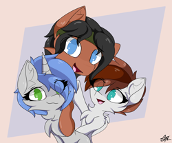Size: 2400x2000 | Tagged: safe, artist:starmaster, imported from derpibooru, oc, oc:becca, oc:hiki, oc:snake, earth pony, pegasus, pony, unicorn, hooves, looking at you, no pupils, ponied up, smiling, trio