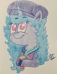 Size: 2955x3811 | Tagged: safe, imported from derpibooru, izzy moonbow, pony, unicorn, spoiler:g5, spoiler:winter wishday, beret, blushing, chocolate, clothes, colored, colored pencil drawing, female, food, g5, hat, hot chocolate, looking at you, my little pony: make your mark, my little pony: make your mark chapter 3, scarf, smiling, smiling at you, solo, starbucks, traditional art, warm wishiehoof, winter, winter outfit, winter wishday