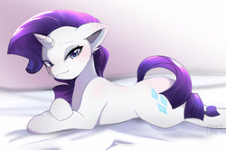 Size: 4590x3039 | Tagged: safe, artist:lorethelostking, imported from derpibooru, rarity, pony, unicorn, bed, female, looking at you, lying down, lying on bed, on bed, prone, smiling, smiling at you, solo