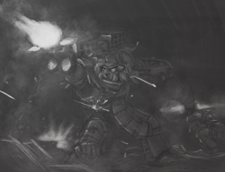 Size: 3000x2300 | Tagged: safe, artist:t72b, imported from derpibooru, lyra heartstrings, insect, pony, armor, bolter, crossover, grayscale, gun, iron warriors, lyrant, monochrome, power armor, pun, shooting, smoke, species swap, terminator armor, visual pun, warhammer (game), warhammer 30k, warhammer 40k, wat, weapon