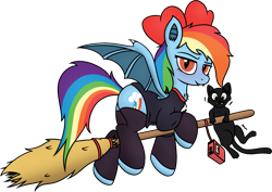 Size: 3097x2198 | Tagged: safe, artist:mark_ml, imported from ponybooru, rainbow dash, bat, bat pony, cat, pony, blushing, clothes, cute, female, halloween, hat, holiday, hoofless socks, kiki's delivery service, mare, pet, simple background, socks, transparent background, witch costume, witch hat