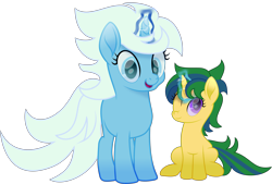Size: 11907x8035 | Tagged: safe, artist:lincolnbrewsterfan, artist:switchyswap, derpibooru exclusive, imported from derpibooru, oc, oc only, pony, unicorn, derpibooru community collaboration, .svg available, 2023 community collab, :d, aura, blank flank, blue eyes, collaboration, duo, duo female, female, glow, glowing horn, horn, inkscape, looking at you, magic, magic aura, movie accurate, one eye closed, open mouth, open smile, purple eyes, simple background, sitting, smiling, standing, striped mane, striped tail, svg, tail, telekinesis, transparent background, two toned mane, two toned tail, unicorn oc, vector, wink, winking at you