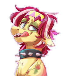 Size: 1038x1174 | Tagged: safe, artist:eggoatt, imported from twibooru, oc, oc only, unnamed oc, pony, chest fluff, collar, ear piercing, earring, eyebrows, image, jewelry, lidded eyes, mlem, piercing, png, sharp teeth, silly, simple background, solo, spiked collar, tattoo, teeth, tongue out, transparent background