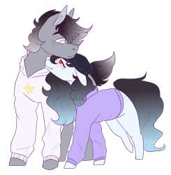 Size: 1456x1484 | Tagged: safe, artist:eggoatt, imported from twibooru, oc, oc only, unnamed oc, earth pony, pony, clothes, earth pony oc, female, floppy ears, freckles, hoodie, image, looking at each other, male, mare, png, simple background, stallion, transparent background