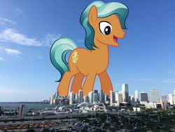 Size: 3264x2448 | Tagged: safe, artist:cloudyglow, artist:jaredking779, imported from derpibooru, citrine nectar, golden väs, crystal pony, earth pony, pony, background pony, florida, giant pony, giant/macro earth pony, high res, highrise ponies, irl, macro, male, mega giant, miami, open mouth, photo, ponies in real life, smiling, solo, stallion