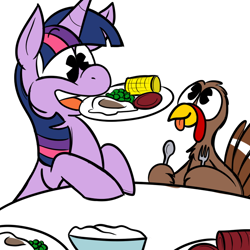 Size: 700x700 | Tagged: safe, artist:karpet-shark, edit, editor:drtoughlove, imported from twibooru, twilight sparkle, bird, pony, turkey, unicorn, banned from derpibooru, corn, female, food, holiday, image, knife, mare, mashed potatoes, mouth hold, pea, png, potato, simple background, spoon, table, thanksgiving, twibooru exclusive, unauthorized edit, unicorn twilight, wingless, wingless edit