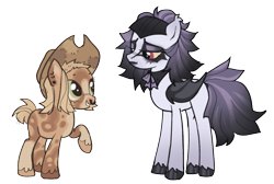 Size: 1406x944 | Tagged: safe, artist:grubgruel, artist:lovedletters, imported from twibooru, applejack, inky rose, bat pony, earth pony, pegasus, pony, base used, bat ponified, coat markings, couple, ear piercing, female, goth, height difference, image, lesbian, makeup, mare, nose piercing, nose ring, piercing, png, punk, race swap, redesign, shipping, simple background, skinhead, transparent background, unshorn fetlocks