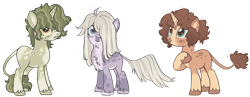 Size: 2708x1048 | Tagged: safe, artist:grubgruel, artist:lovedletters, imported from twibooru, oc, oc only, oc:ceylon, oc:mamaki, oc:sencha, earth pony, pony, unicorn, ambiguous gender, base used, coat markings, female, image, leonine tail, magical lesbian spawn, next generation, offspring, parent:princess celestia, parent:tree hugger, png, unshorn fetlocks