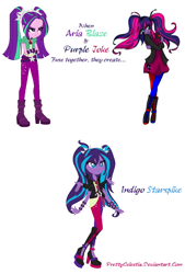 Size: 804x1188 | Tagged: safe, artist:prettycelestia, imported from twibooru, aria blaze, oc, oc:purple joke, boots, clothes, fusion, hairpins, high heel boots, image, jacket, jewelry, necklace, png, shoes