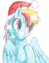 Size: 1506x1952 | Tagged: safe, artist:buttercupsaiyan, imported from twibooru, rainbow dash, christmas, hat, holiday, image, needs more jpeg, santa hat, solo, traditional art, watercolor painting