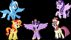 Size: 1730x990 | Tagged: safe, imported from twibooru, sunset shimmer, twilight sparkle, alicorn, alicornified, hoof shoes, image, my little pony, png, princess starlight glimmer, princess trixie lulamoon, race swap, shimmercorn, twilight sparkle (alicorn)