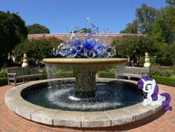 Size: 2048x1536 | Tagged: safe, artist:cloudyglow, artist:jaredking779, imported from derpibooru, rarity, pony, unicorn, atlanta, bench, female, fountain, garden, georgia, irl, lying down, mare, photo, ponies in real life, prone, smiling