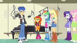 Size: 1024x577 | Tagged: safe, imported from twibooru, applejack, flash sentry, fluttershy, rainbow dash, rarity, sunset shimmer, equestria girls, rainbow rocks, belt, boots, clothes, cowboy boots, cowboy hat, hat, high heel boots, image, jacket, keytar, musical instrument, needs more jpeg, piano, shirt, shoes, skirt, socks, solo, vest