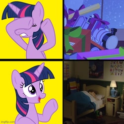 Size: 500x500 | Tagged: safe, artist:luckreza8, edit, editor:thomas me irl, screencap, twilight sparkle, alicorn, pony, all engines go, day and night, ertl, female, flour power, gordon the big engine, hotline bling, imgflip, male, mare, meme, percy the small engine, quintet, quintet male and female, thomas and friends, thomas and friends all engines go, thomas and friends: all engines go, thomas and friends: all engines go!, thomas and the magic railroad, thomas the tank engine, toy train, twilight sparkle (alicorn)