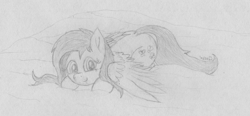 Size: 2950x1364 | Tagged: safe, artist:wapamario63, imported from ponybooru, fluttershy, pegasus, pony, anticipation, bed, cute, female, laying on bed, lying down, mare, monochrome, on bed, shyabetes, sketch, solo, traditional art, wings