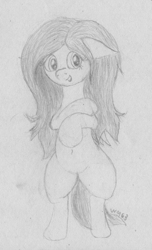 Size: 1435x2367 | Tagged: safe, artist:wapamario63, imported from ponybooru, fluttershy, pegasus, pony, belly button, bipedal, cute, ears, female, floppy ears, mare, messy mane, monochrome, shyabetes, sketch, solo, traditional art