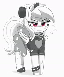 Size: 1365x1646 | Tagged: safe, artist:pabbley, imported from derpibooru, rainbow dash, pegasus, pony, blushing, bow, choker, clothes, emanata, female, grayscale, grumpy, hair bow, mare, monochrome, partial color, rainbow dash always dresses in style, simple background, skirt, solo, sweat, tomboy taming, wavy mouth, white background