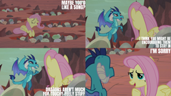 Size: 4400x2475 | Tagged: safe, edit, edited screencap, editor:quoterific, imported from derpibooru, screencap, fluttershy, princess ember, dragon, pegasus, pony, sweet and smoky, dialogue, dragon egg, dragoness, duo, egg, female, mare