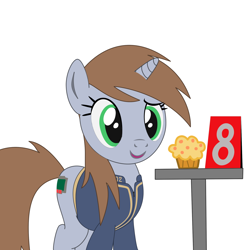 Size: 2000x2000 | Tagged: safe, artist:dddromm, imported from derpibooru, oc, oc only, oc:littlepip, pony, unicorn, fallout equestria, clothes, female, food, high res, jumpsuit, looking at you, mare, muffin, simple background, smiling, smiling at you, solo, vault suit, white background