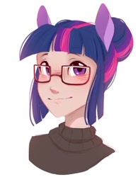 Size: 832x1065 | Tagged: safe, artist:melodylibris, imported from derpibooru, twilight sparkle, human, blushing, bust, eared humanization, female, glasses, hair bun, humanized, looking at you, simple background, smiling, smiling at you, solo, white background