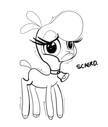 Size: 652x761 | Tagged: safe, artist:shelbysmol, imported from derpibooru, lamb, sheep, them's fightin' herds, :c, bell, bell collar, black and white, cloven hooves, collar, community related, doodle, female, frown, grayscale, intentional spelling error, monochrome, pom (tfh), scared, shaking, simple background, solo, text, white background