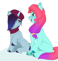 Size: 2121x2219 | Tagged: safe, artist:aztrial, imported from derpibooru, earth pony, pony, unicorn, beret, blushing, clothes, cute, duo, female, g5, grin, hair over one eye, hat, jazz hooves, jazzibetes, looking at each other, looking at someone, mare, onyx, onyxhooves, open mouth, raised hoof, scarf, simple background, sitting, smiling, unshorn fetlocks, white background