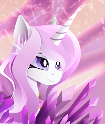 Size: 2861x3373 | Tagged: safe, artist:andaluce, imported from derpibooru, fleur-de-lis, pony, unicorn, abstract background, background pony, bust, crystal, ear fluff, lineless, smiling, solo, the crystal empire 10th anniversary