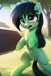 Size: 512x768 | Tagged: safe, imported from derpibooru, oc, oc only, oc:filly anon, earth pony, pony, ai content, ai generated, bipedal, blushing, crying, female, filly, generator:novelai, generator:stable diffusion, open mouth, outdoors, sad, solo