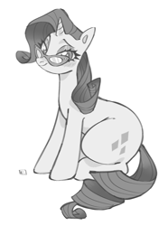 Size: 2115x2850 | Tagged: safe, artist:eunicidae, imported from derpibooru, rarity, pony, unicorn, female, glasses, grayscale, high res, lidded eyes, looking at you, mare, monochrome, rarity's glasses, simple background, sitting, smiling, smiling at you, solo, white background