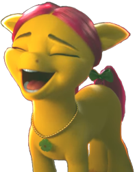 Size: 525x666 | Tagged: safe, edit, edited screencap, imported from derpibooru, screencap, earth pony, pony, 3d, amused, bow, cropped, eyes closed, female, g5, happy, jewelry, mare, necklace, open mouth, open smile, pink mane, png, posey bloom, posey bloom is amused, simple background, smiling, solo, standing, tail, tail bow, transparent background, uvula, when she smiles, yellow skin