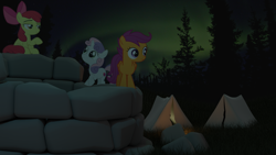 Size: 1920x1080 | Tagged: safe, artist:vulchrys, imported from derpibooru, apple bloom, scootaloo, sweetie belle, pony, 3d, aurora borealis, blender, campfire, camping, cutie mark crusaders, cycles render, forest, forest background, night, rock, ruins, tent, well