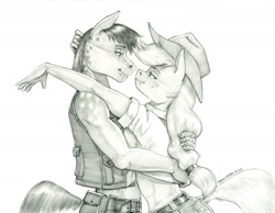 Size: 1400x1088 | Tagged: safe, artist:baron engel, imported from derpibooru, applejack, oc, anthro, earth pony, belt, canon x oc, clothes, cowboy hat, cowgirl, denim, duo, earth pony oc, female, freckles, grayscale, hat, jacket, jeans, looking at each other, looking at someone, male, monochrome, pants, pencil drawing, simple background, stetson, traditional art, white background