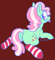 Size: 819x894 | Tagged: safe, artist:froutsuip, imported from derpibooru, minty, earth pony, pony, butt, clothes, female, looking back, lying down, plot, socks, solo, striped socks, tongue out