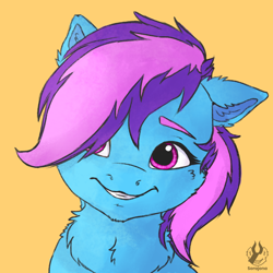 Size: 1000x1000 | Tagged: safe, artist:sorajona, imported from derpibooru, oc, oc:nohra, earth pony, pony, blue fur, bust, chest fluff, cute, g5, my little pony: a new generation, portrait, small ears, smiling, solo