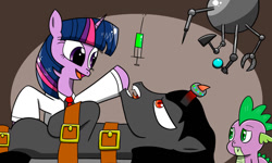 Size: 1280x767 | Tagged: safe, artist:twi clown, imported from derpibooru, king sombra, spike, twilight sparkle, dragon, pony, unicorn, the crystal empire, alternate ending, clothes, female, lab coat, machine, mad science, male, mare, restrained, stallion, story included, suggestive description, syringe, the crystal empire 10th anniversary, trio, unicorn twilight